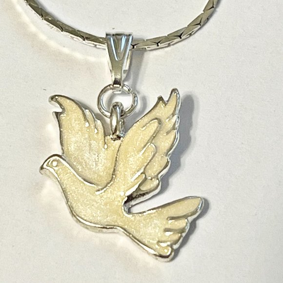 Silver White Dove Bird Pendant Necklace Plated 18" Enamel Holy Spirit Peace - Picture 5 of 11